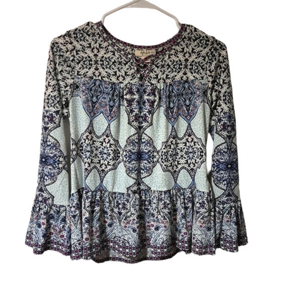 Style & Co Womens Tunic Long Bell Sleeve Boho Blouse Multi Floral Sz S Petite‎